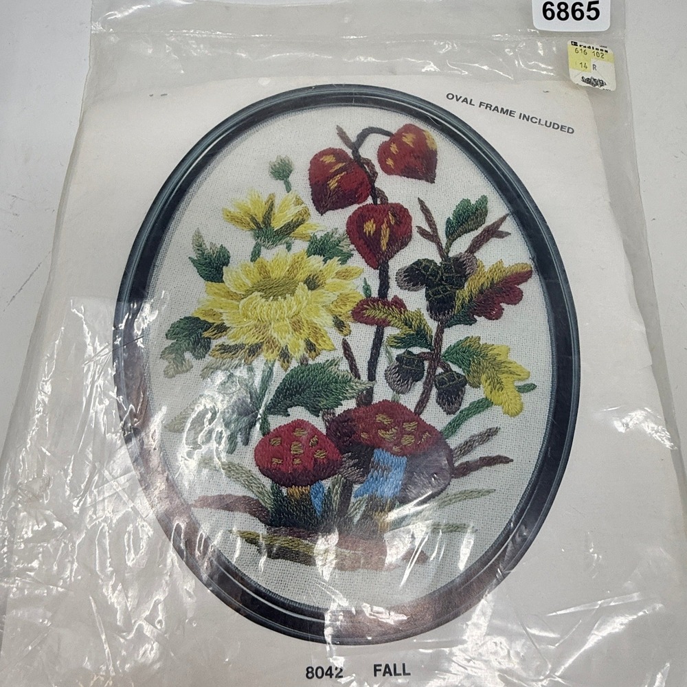 American Family Crafts Crewel Embroidery Kit 8042 Fall Floral Mushroom 8x10 Kit